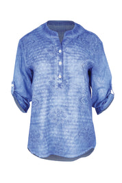 Product shot of the Cool Ease Embroidered Cotton Shirt – Cornflower in colour Cornflower, showing detail