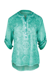 Product shot of the Cool Ease Embroidered Cotton Shirt – Lagoon in colour Lagoon, showing detail