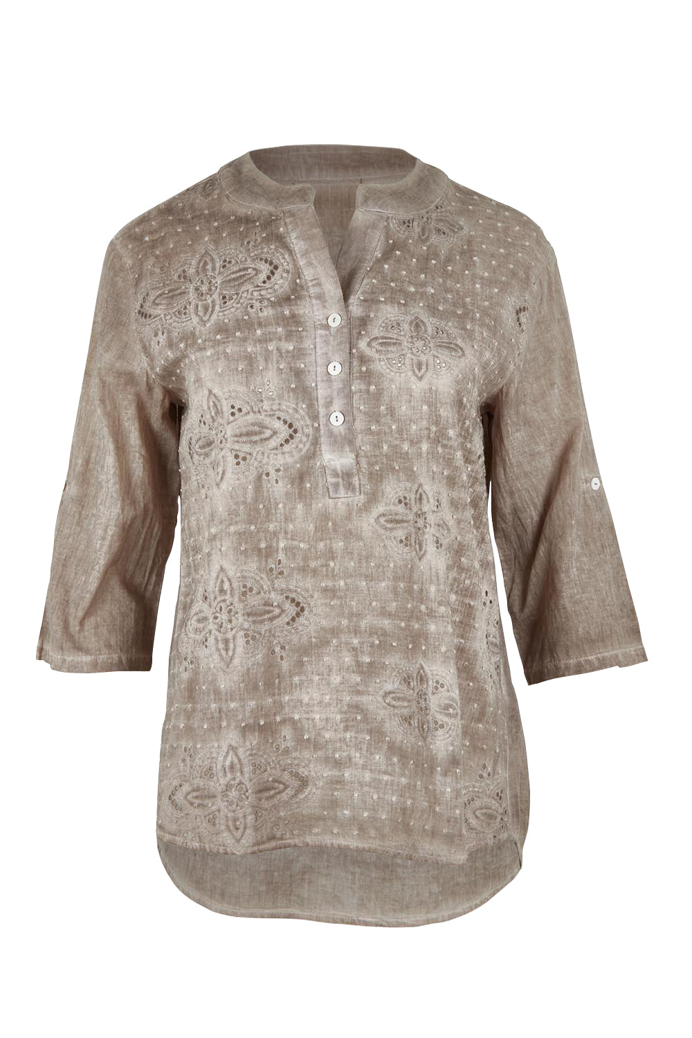 Product shot of the Cool Ease Embroidered Cotton Shirt in colour Latte, from the front