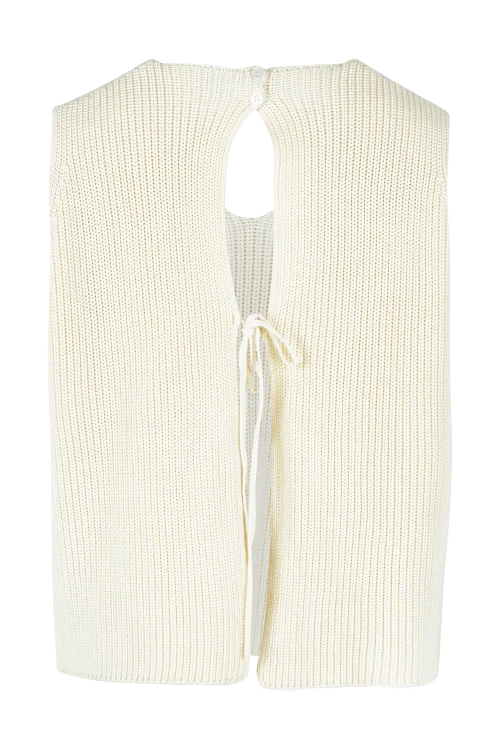 Product shot of the Summer Loving Cotton Knit Open Back Vest in colour Cream, from the back