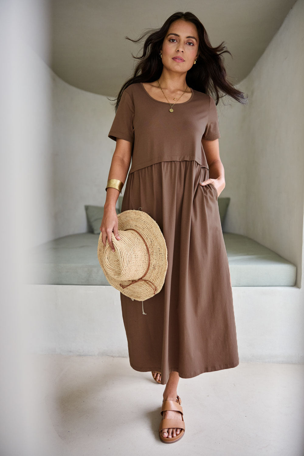 Model Tahneei wearing size 10 of the Casual Saturday Dress - Chocolate in colour Chocolate, from the front