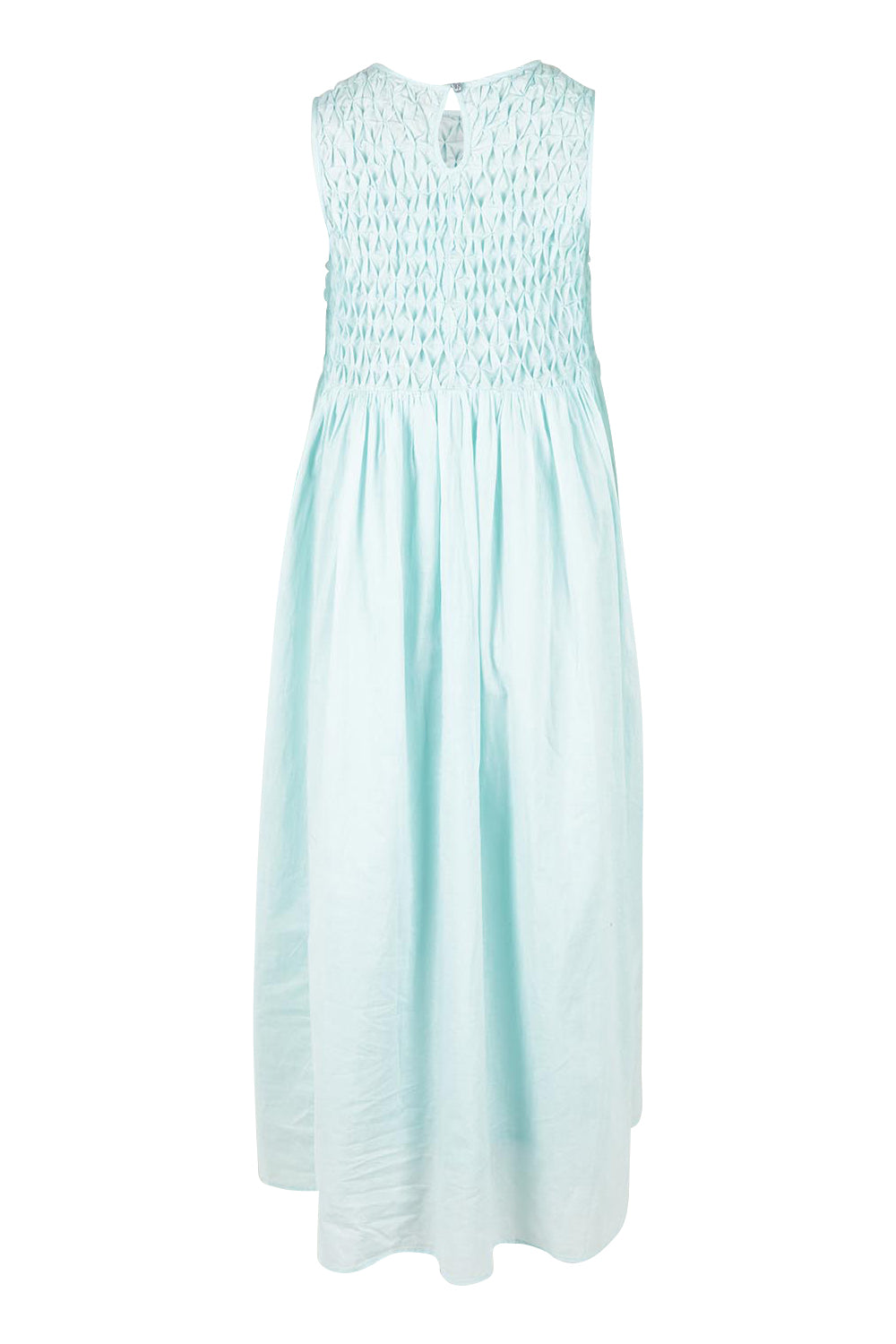 Product shot of the Summer Breeze Smocked Cotton Dress in colour Sky (Blue), from the back
