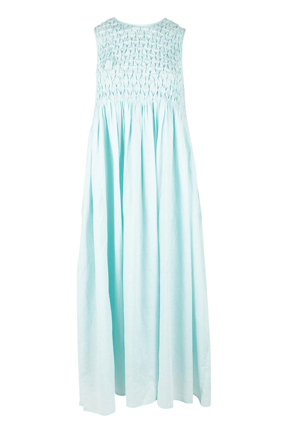 Product shot of the Summer Breeze Smocked Cotton Dress in colour Sky (Blue), from the front