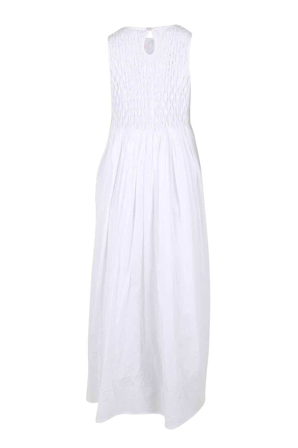 Product shot of the Summer Breeze Smocked Cotton Dress – White in colour White, from the back