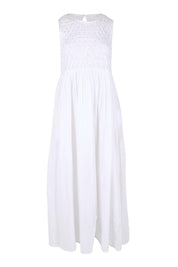 Product shot of the Summer Breeze Smocked Cotton Dress – White in colour White, from the front