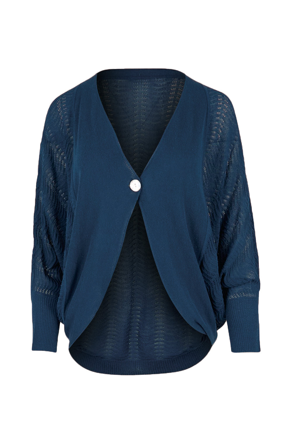 Product shot of the Summer Haze Cardigan – Denim in colour Denim, from the front