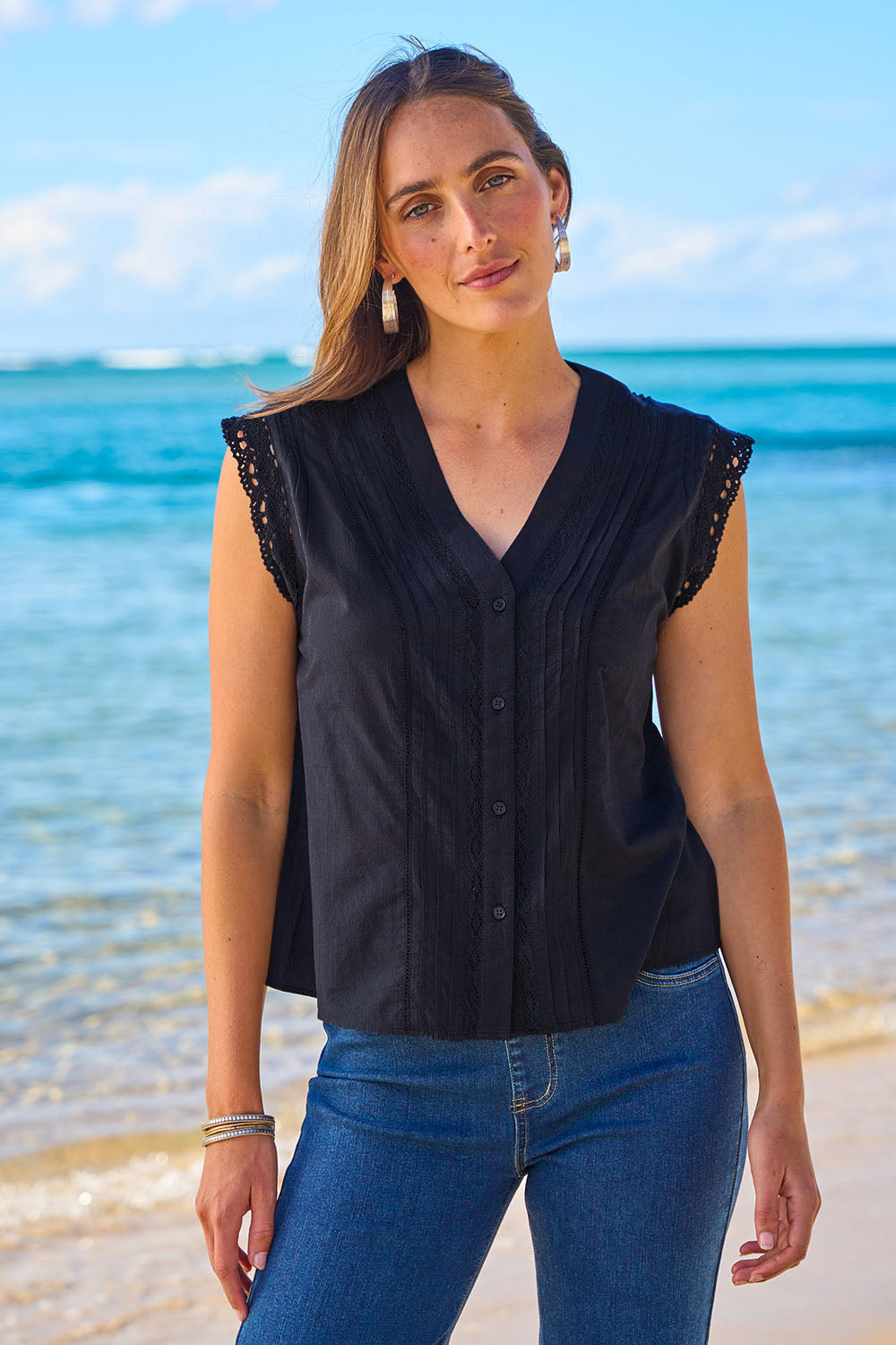 Model Tegan wearing size 10 of the Sweet Memories Cotton Blouse in colour Black (Black), from the front, cropped image