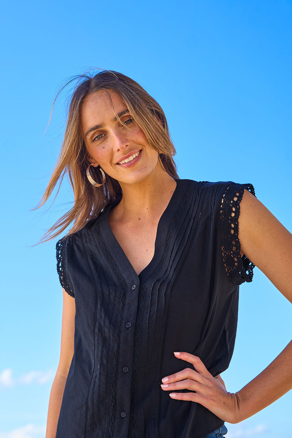 Model Tegan wearing size 10 of the Sweet Memories Cotton Blouse in colour Black (Black), from the front, showing the whole outfit