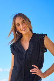 Model Tegan wearing size 10 of the Sweet Memories Cotton Blouse in colour Black (Black), from the front, showing the whole outfit