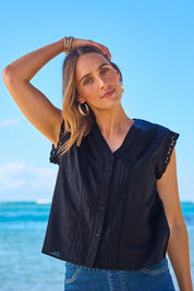 Model Tegan wearing size 10 of the Sweet Memories Cotton Blouse in colour Black (Black), from the front, showing the whole outfit