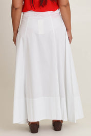 Model Ashleigh wearing size 16 of the Timeless Love Cotton Maxi Skirt in colour White (White), from the back