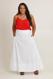 Model Ashleigh wearing size 16 of the Timeless Love Cotton Maxi Skirt in colour White (White), from the front, showing the whole outfit