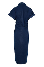 Product shot of the Hold Me Close Denim Maxi Dress in colour Denim (Blue), from the back
