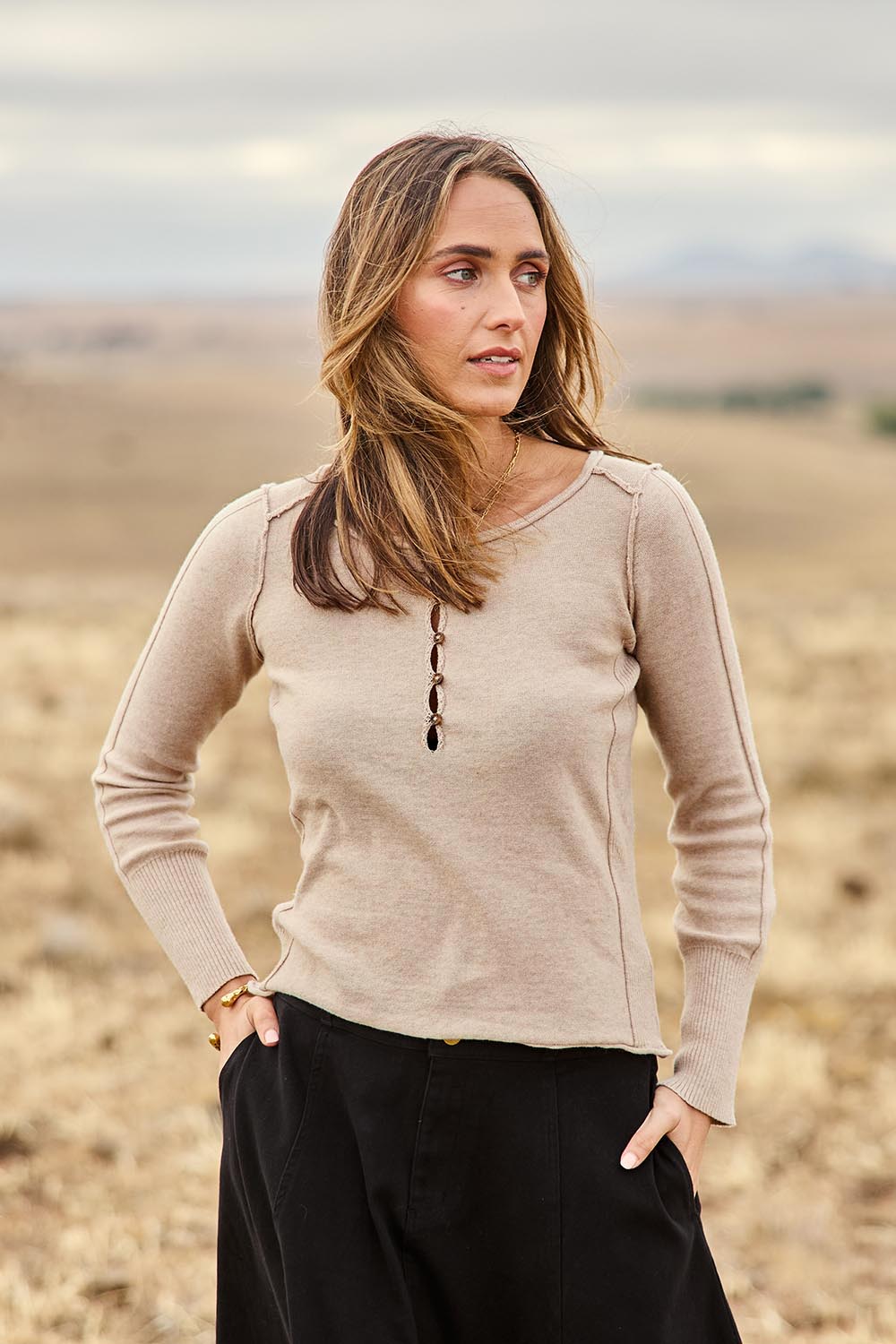 Model Tegan wearing size S of the Forever Yours Cotton Wool And Cashmere Top in colour Latte, from the front, showing the whole outfit