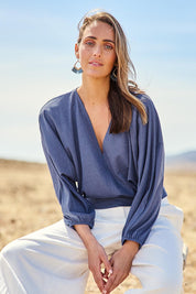 Model Tegan wearing size 10 of the Always Need You Top in colour Steelblue (Blue), from the front, showing the whole outfit