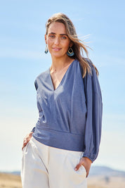 Model Tegan wearing size 10 of the Always Need You Top in colour Steelblue (Blue), from the front, showing the whole outfit