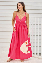Model Tegand wearing size 10 of the Be My Bird Cotton Poplin Maxi Dress – Rose in colour Rose, from the front