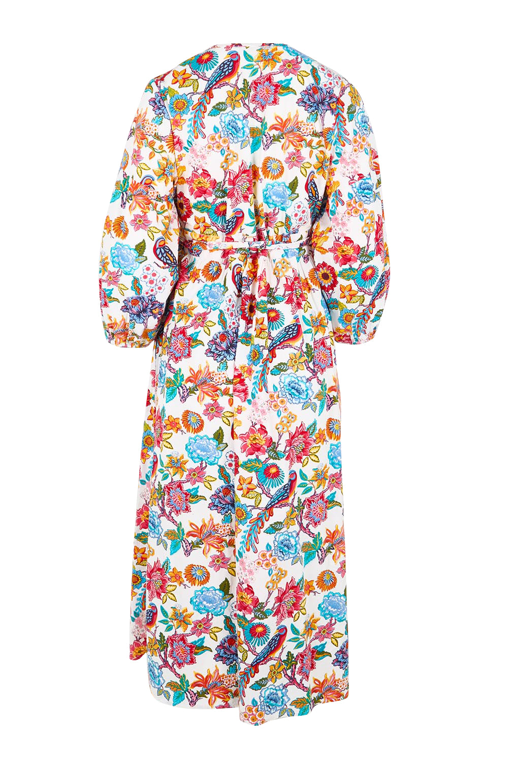 Product shot of the Bright Bird Cotton Poplin Wrap Dress – Birdgarden in colour Birdgarden, from the back