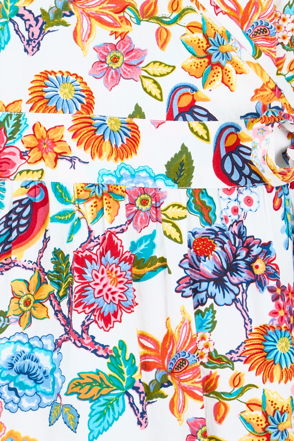 Product shot of the Bright Bird Cotton Poplin Wrap Dress – Birdgarden in colour Birdgarden, showing detail