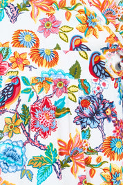 Product shot of the Bright Bird Cotton Poplin Wrap Dress – Birdgarden in colour Birdgarden, showing detail
