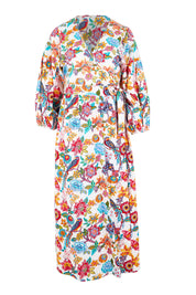 Product shot of the Bright Bird Cotton Poplin Wrap Dress – Birdgarden in colour Birdgarden, from the front