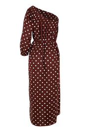 Product shot of the Spotted You One Shoulder Cotton Maxi – Chocolate in colour Chocolate, from the back