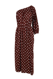 Product shot of the Spotted You One Shoulder Cotton Maxi – Chocolate in colour Chocolate, from the front