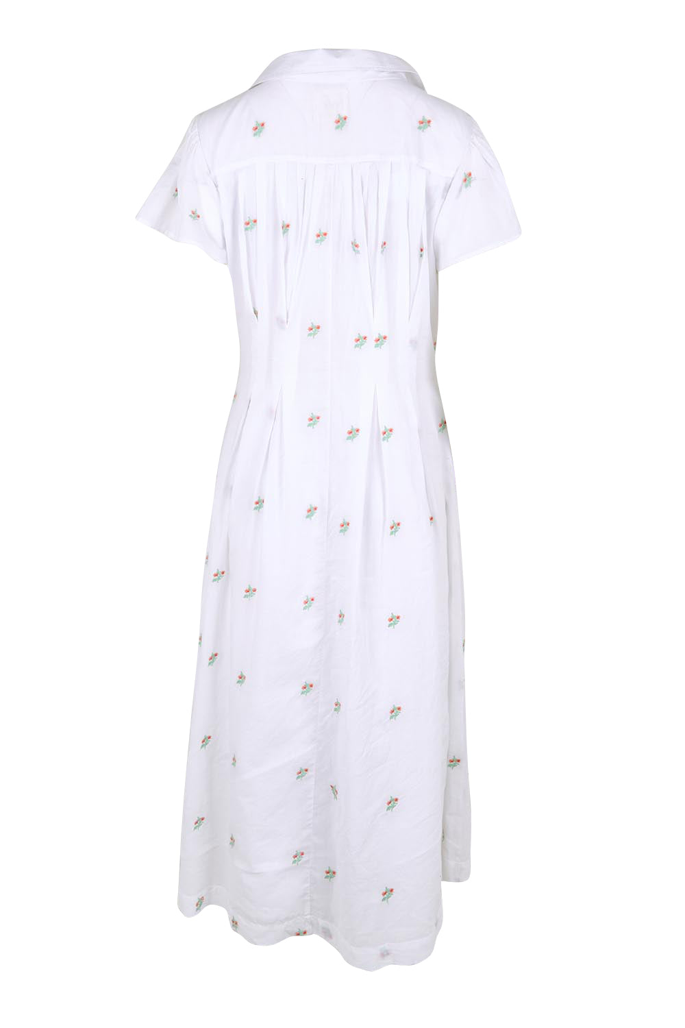 Product shot of the Flower Field Cotton Embroidered Dress – White in colour White, from the back