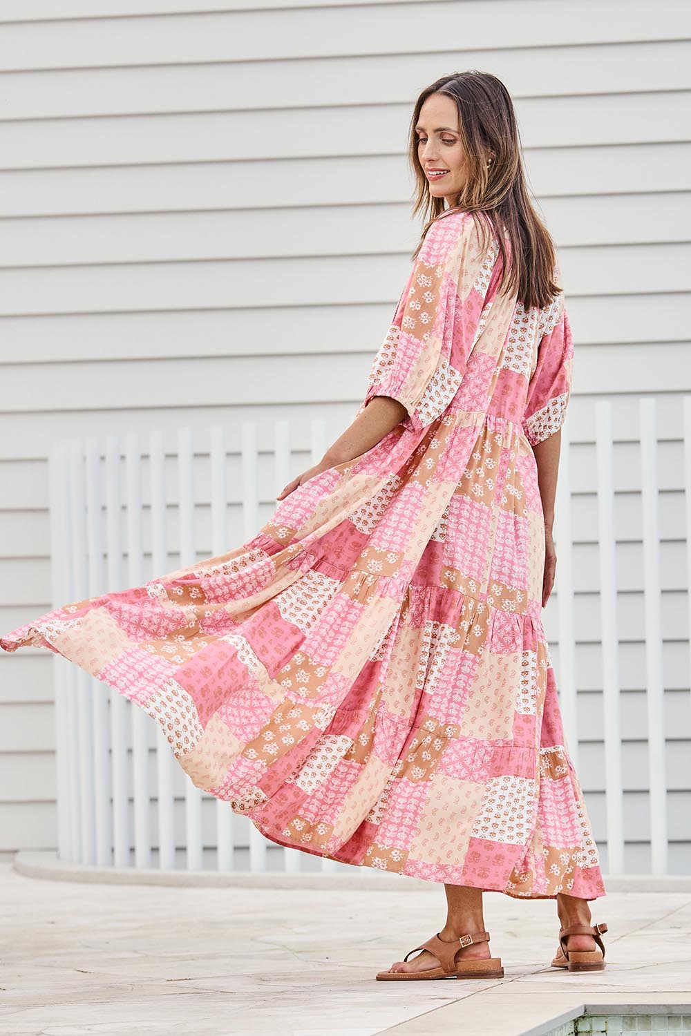 Model Tegand wearing size 10 of the Love Letter Maxi Dress – Petalpatch in colour Petalpatch, from the front