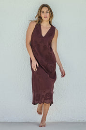 Model Tegand wearing size 10 of the Love Lessons Embroidered Shift Dress – Chocolate in colour Chocolate, from the front