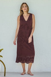 Model Tegand wearing size 10 of the Love Lessons Embroidered Shift Dress – Chocolate in colour Chocolate, from the front