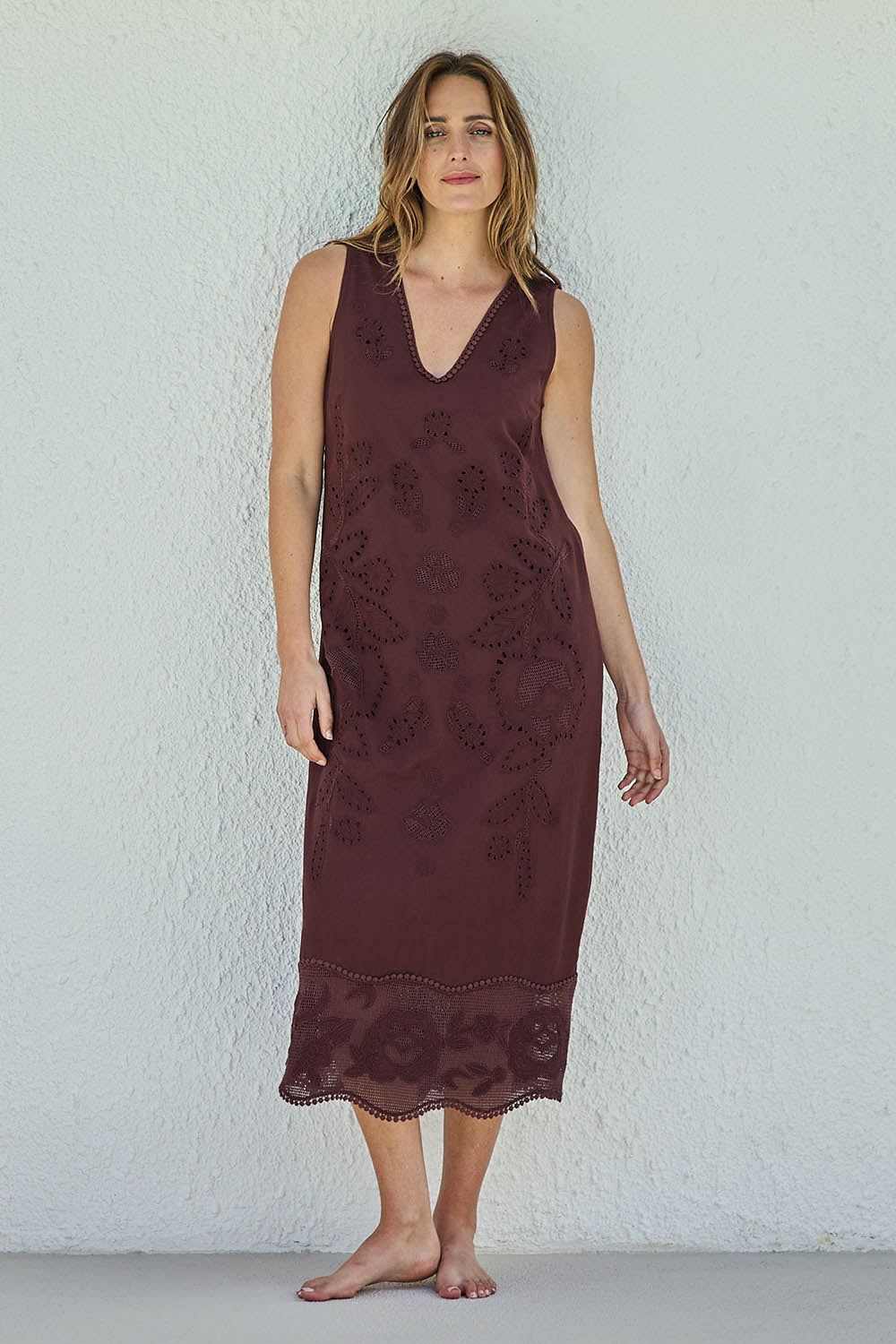Model Tegand wearing size 10 of the Love Lessons Embroidered Shift Dress – Chocolate in colour Chocolate, from the front