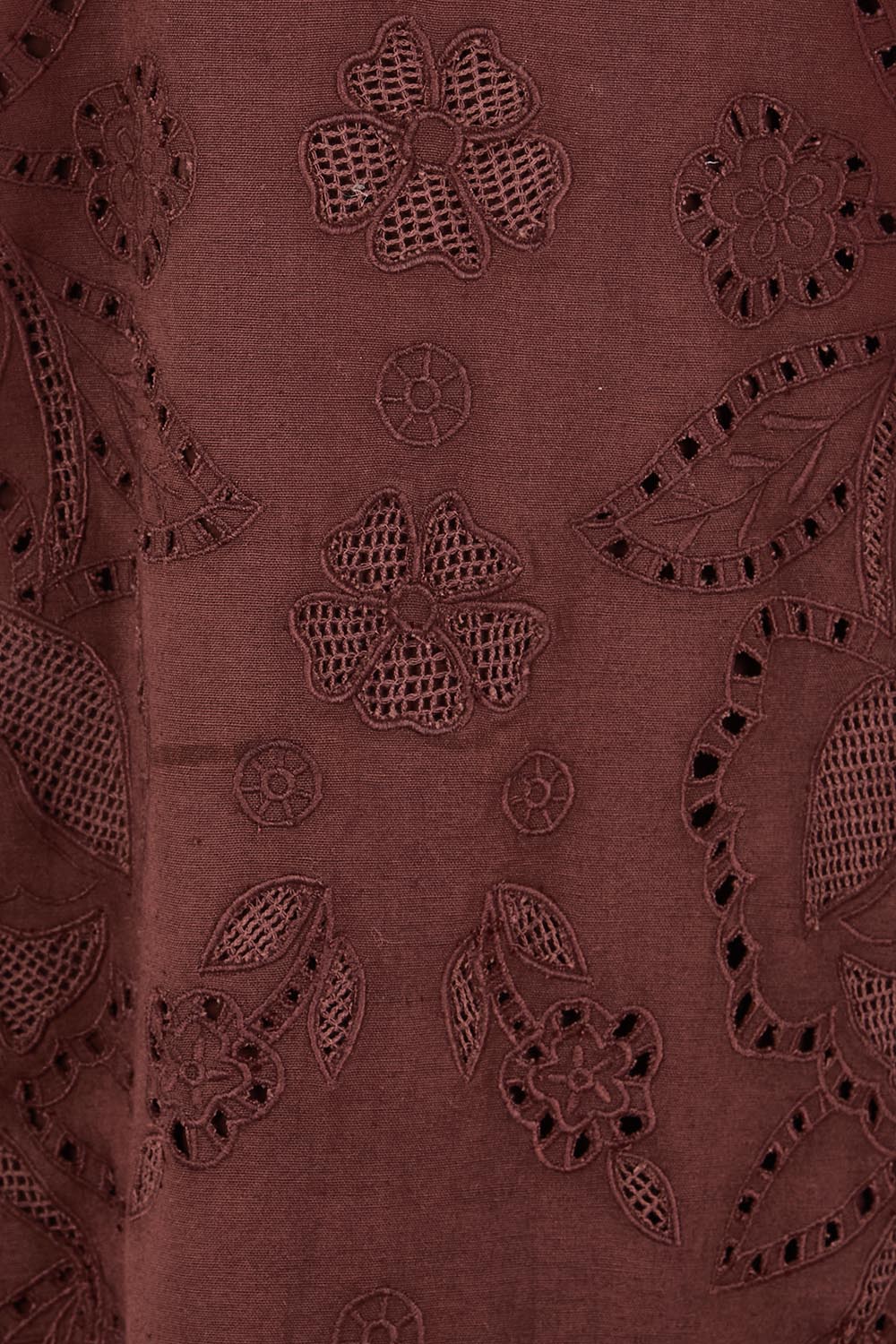 Product shot of the Love Lessons Embroidered Shift Dress – Chocolate in colour Chocolate, showing detail