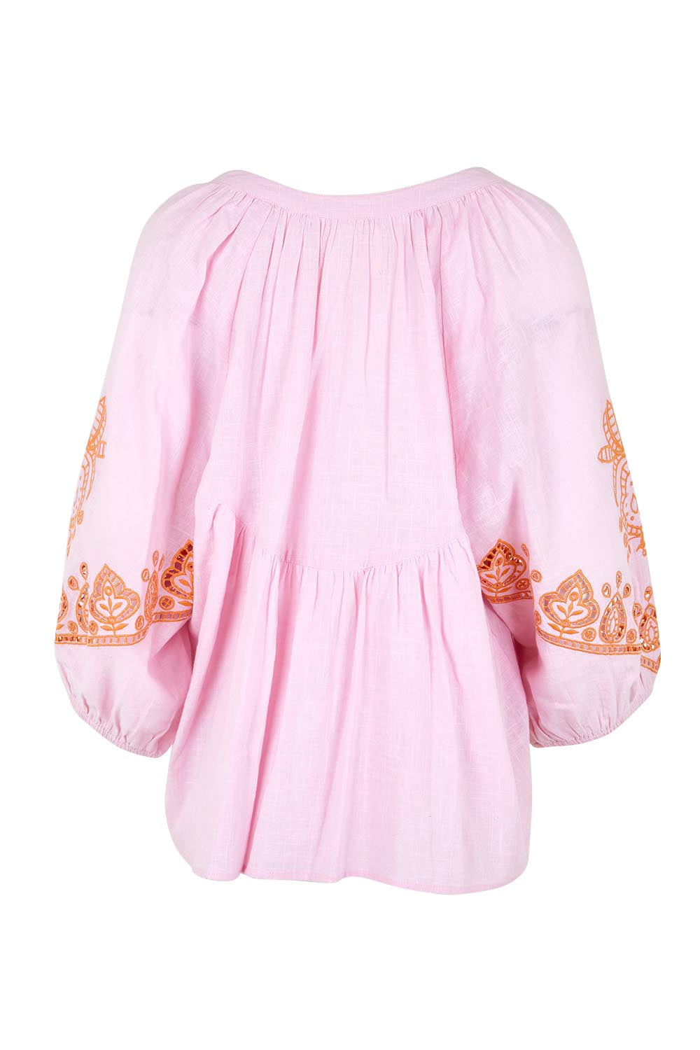 Product shot of the Loving You Is Easy Embroidered Cotton Blouse  - Pinktangerine in colour Pinktangerine, from the back