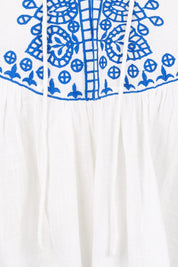 Product shot of the Loving You Is Easy Embroidered Cotton Blouse – Whiteblue in colour Whiteblue, showing detail