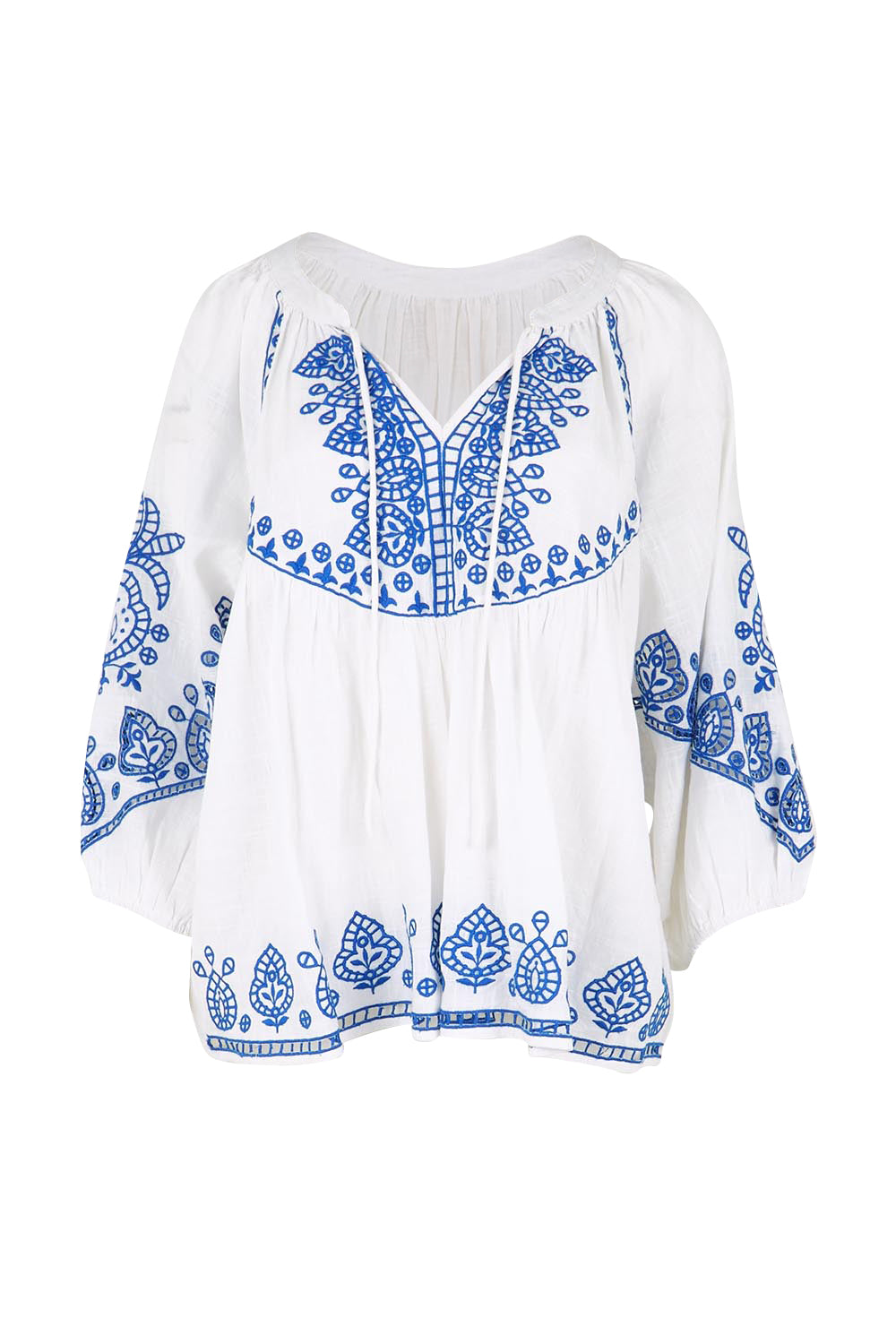 Product shot of the Loving You Is Easy Embroidered Cotton Blouse – Whiteblue in colour Whiteblue, from the front