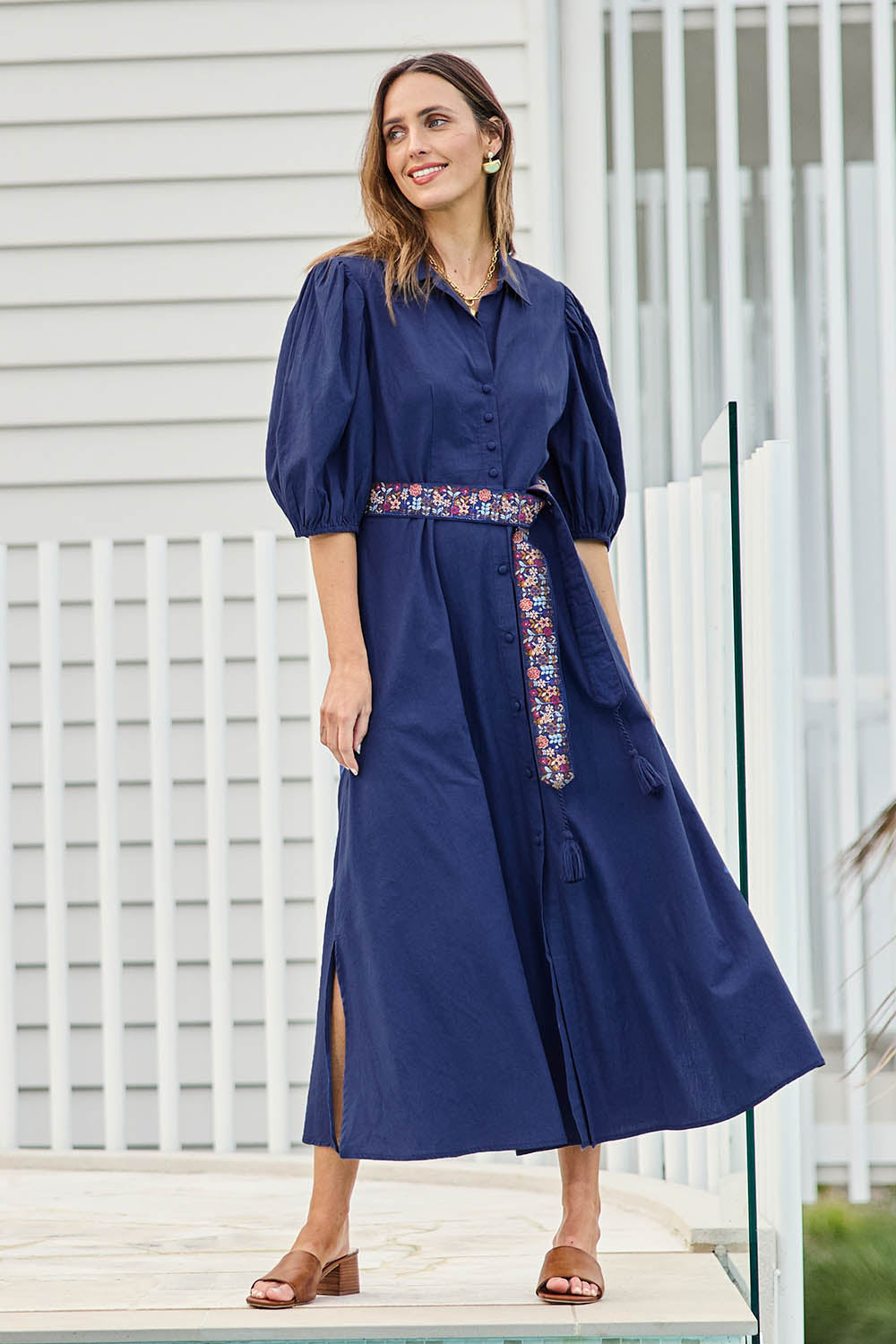 Model Tegand wearing size 10 of the Lunch With The Girls Cotton Poplin Dress – Deepblue in colour Deepblue, from the front