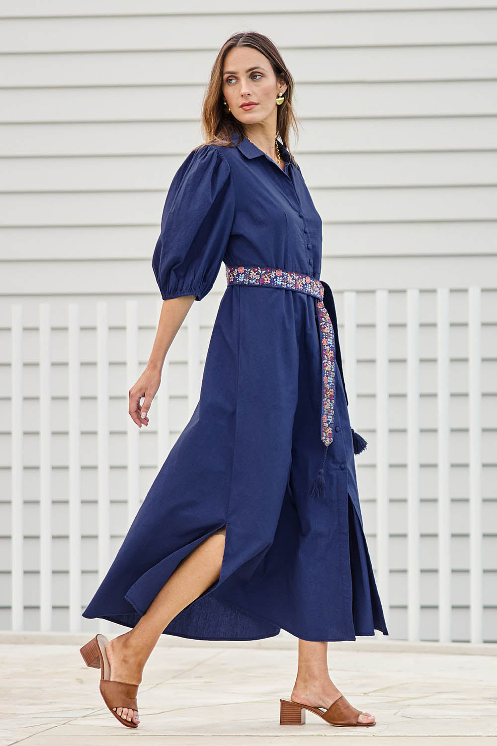 Model Tegand wearing size 10 of the Lunch With The Girls Cotton Poplin Dress – Deepblue in colour Deepblue, from the front