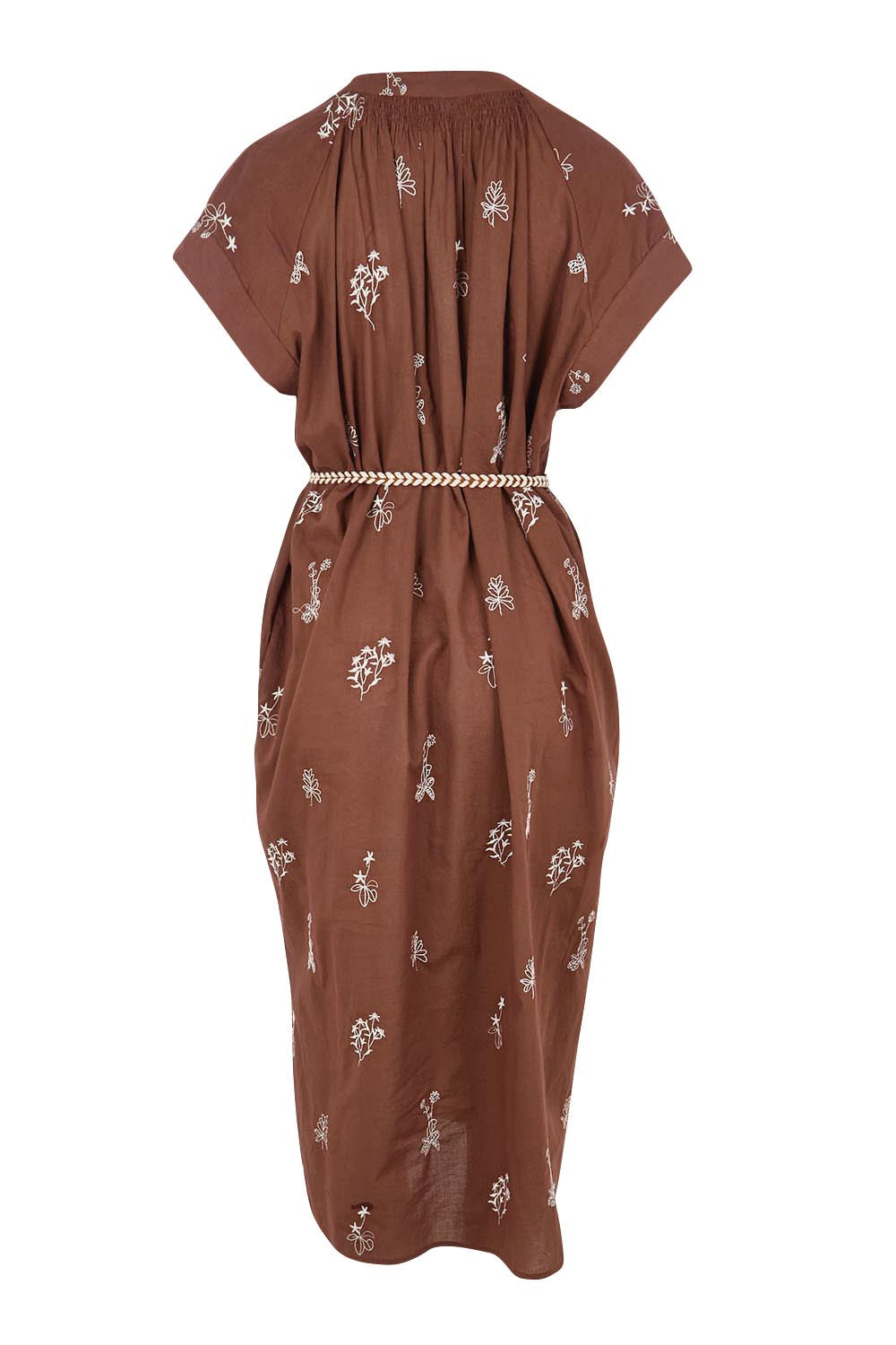 Product shot of the Wildflower Embroidered Cotton Tunic Dress – Chocolate in colour Chocolate, from the back