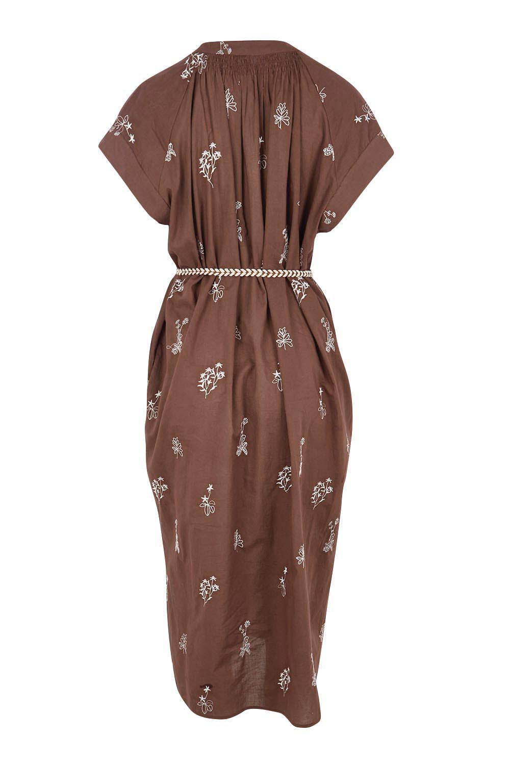 Product shot of the Wildflower Embroidered Cotton Tunic Dress – Chocolate in colour Chocolate, from the back