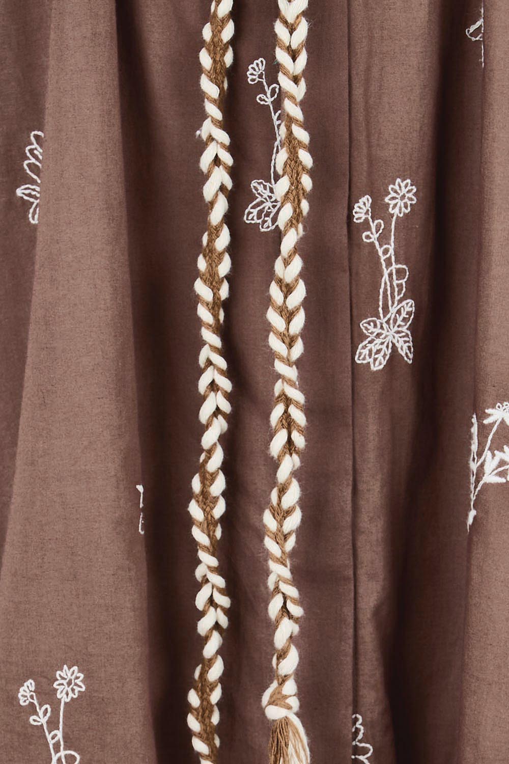 Product shot of the Wildflower Embroidered Cotton Tunic Dress – Chocolate in colour Chocolate, showing detail