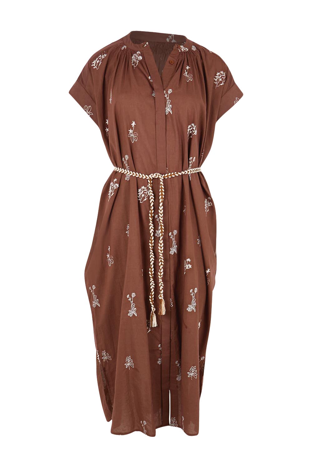 Product shot of the Wildflower Embroidered Cotton Tunic Dress – Chocolate in colour Chocolate, from the front