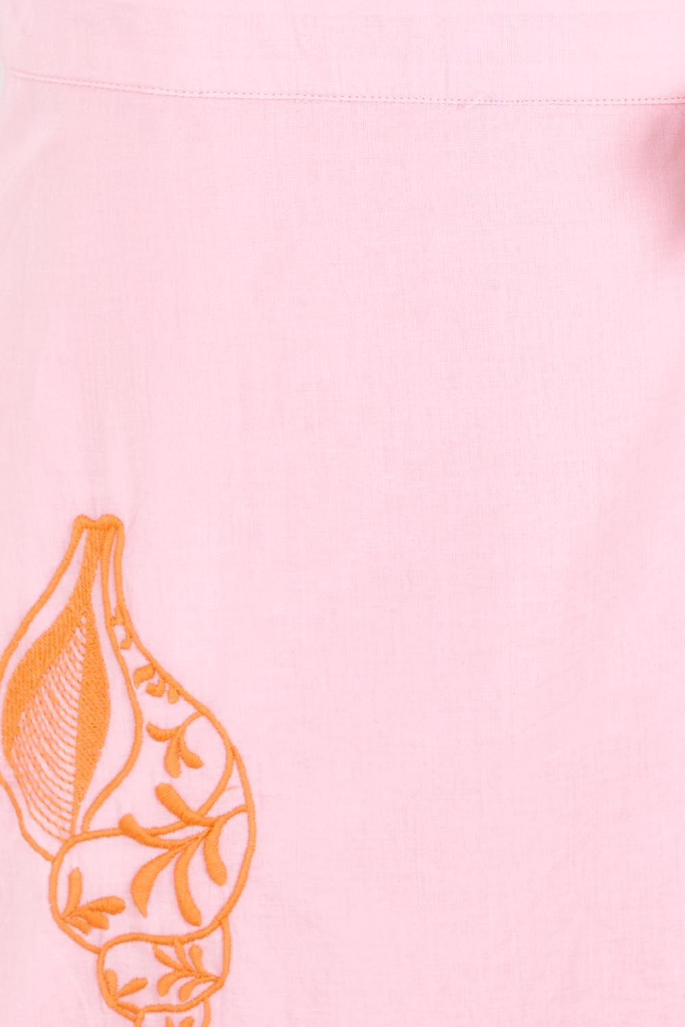 Product shot of the Sweet Pea Embroidered Cotton Wrap Dress - Pinktangerine in colour Pinktangerine, showing detail