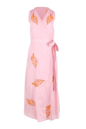 Product shot of the Sweet Pea Embroidered Cotton Wrap Dress - Pinktangerine in colour Pinktangerine, from the front