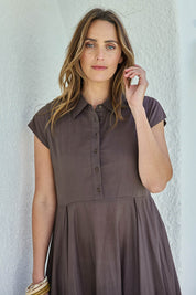 Model Tegand wearing size 10 of the Easy Elegance Cotton Voile Maxi Dress - Chocolate in colour Chocolate, in a cropped view