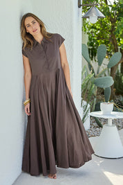 Model Tegand wearing size 10 of the Easy Elegance Cotton Voile Maxi Dress - Chocolate in colour Chocolate, from the front