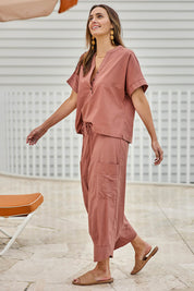 Model Tegand wearing size 10 of the Perfect Tone Linen Cotton Pull On Cargo Pants – Antique in colour Antique, from the front