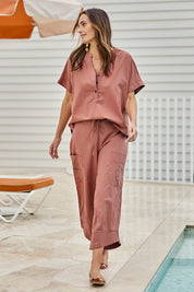 Model Tegand wearing size 10 of the Perfect Tone Linen Cotton Top – Antique in colour Antique, from the front