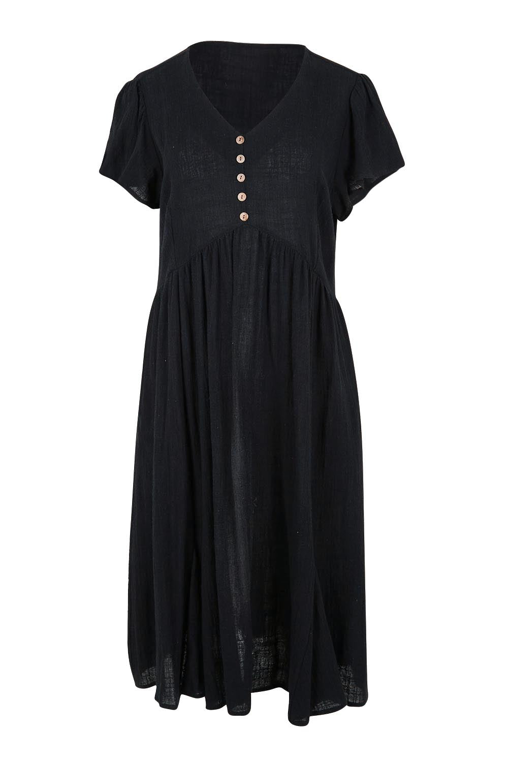 Product shot of the Cute As A Button Cotton Midi Dress – Black in colour Black, from the front