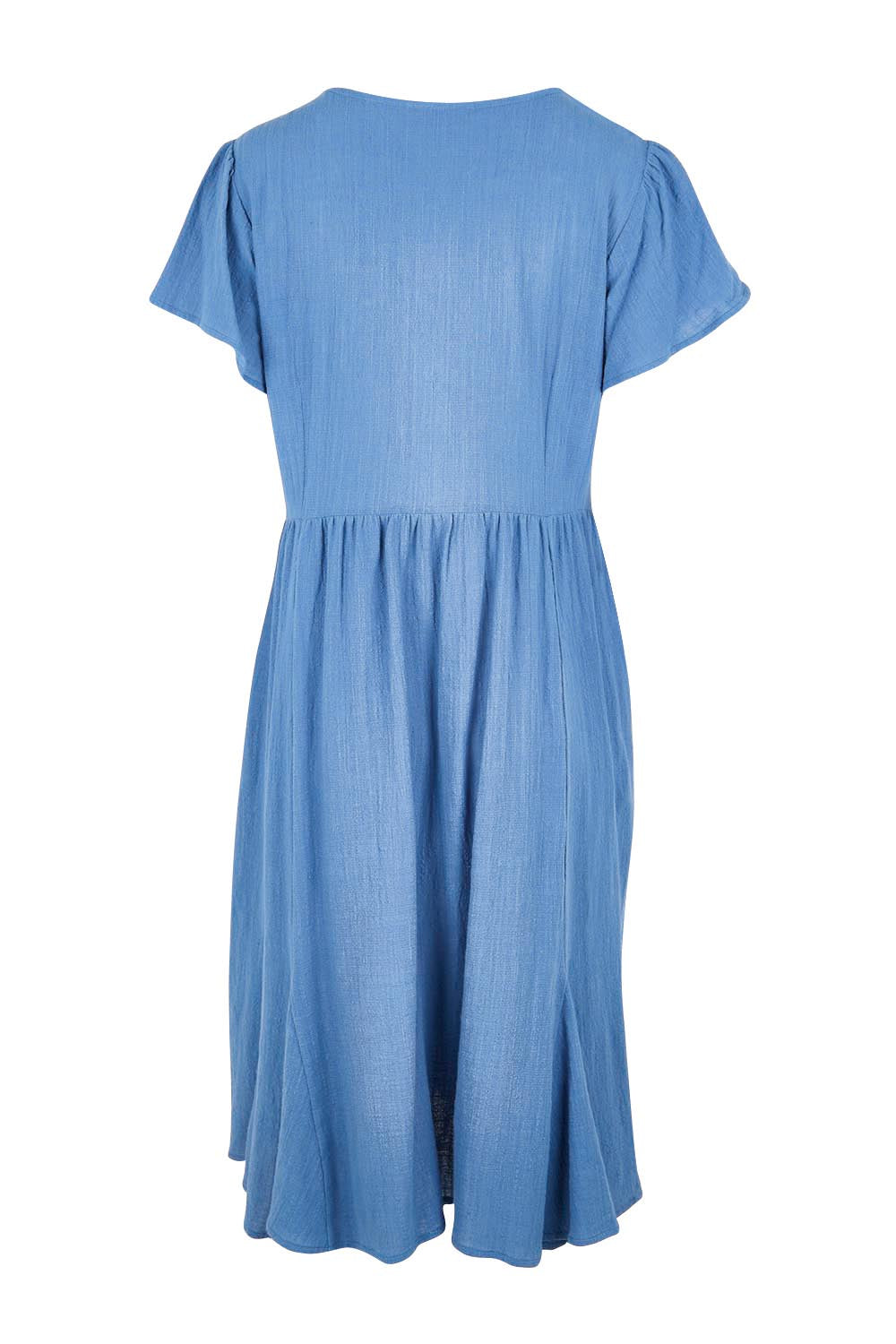 Product shot of the Cute As A Button Cotton Midi Dress – Bluebell in colour Bluebell, from the back